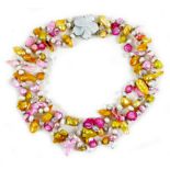 A Chinese multicoloured blister and baroque pearl necklace, the pink, orange, and white pearls