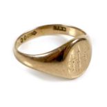 An Edwardian 9ct gold signet ring, with rubbed monogram engraving, and inscribed to back 'E to J
