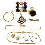 A small group of gold jewellery, including a swivel fob. (1 bag)