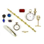 A 9ct gold fob watch case with Arabic dial, yellow metal chain and 9ct gold clasp with steel pin,
