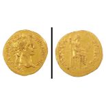 An ancient Roman hammered gold aureus coin, Tiberius (AD 14-37), mint of Lugdunum
