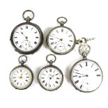 A group of five Victorian and Edwardian silver pocket watches, all open faced, key wind, three