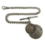 A silver Albert chain, 25.5cm long, with two silver coins attached, one Victorian, the other a South