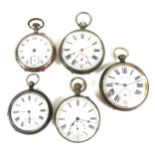 A group of five Victorian and Edwardian silver pocket watches, all open faced, two keyless wind,