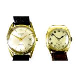 Two gentleman's wristwatches, comprising an Art Deco 18ct gold cushion cased wristwatch, a/f damaged