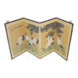 A 20th century Chinese three fold screen, hand painted with traditional Cranes and Pine trees,