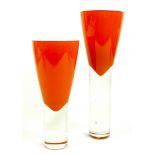 A pair of Art Glass vases, circa 1960, with fluted bowls flashed orange and white, and heavy clear