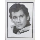 A group of motor racing related pictures, including a large portrait of Ayrton Senna, signed by