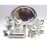 A collection of silver plated items, including 19th century oval tray, coffee pot, teapot, muffin