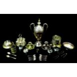 A collection of silver plated items, including a samovar, 47.5cm high, biscuit barrel, six egg cup