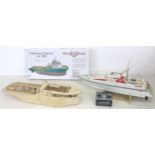 Two model boats, a Virgin remote control speed boat, 97 by 32 by 30cm high and a partial built