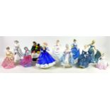 A group of eleven Royal Doulton, Coalport and Franklin Porcelain figurines of ladies, comprising a