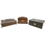 A group of three wooden boxes, comprising a George III caddy top tea caddy with brass handle to