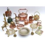 A collection of copper and metal wares, including a copper kettle. (qty)