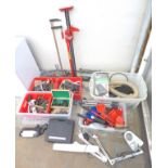 Six boxes of tools, a large jack, mitre saw, portable gas stove and three angled work lamps. (qty)