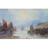 British School (19th century): river scene, with sailboats and rowing boats moored up along the