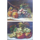 A pair of still life paintings of fruit, comprising a painting of peaches and grapes, oil on canvas,