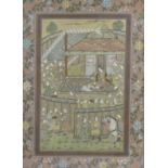 An early to mid 20th century Indian gouache on silk, depicting a figural scene with a floral border,