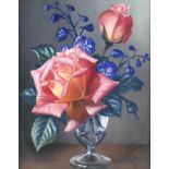 James Noble (British, 1919-1989: roses in a glass vase, still life, signed lower left, further