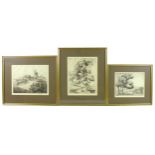 A group of three etchings, two by Laurence Bell, depicting a horse and cart harvesting, and a