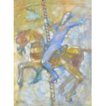 Ron Freeborn (British, 1936-2021): a lively painting of a man enthusiastically riding a carousel