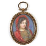British School (late 19th century): an oval portrait miniature, depicting a young girl wearing a red