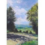 Norman Smith (British, b.1949): a pastel landscape, showing the rolling countryside from a top of