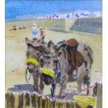 Mary Gundry (British, b. 1951): two seaside donkeys waiting on the beach, signed below slightly