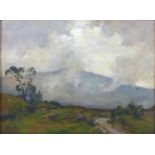 James Herbert Snell (British, 1861-1935): landscape depicting a green hillside with river running