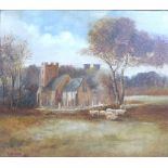An early 20th century countryside scene, depicting a church surrounded by fields and woodland,