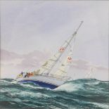 Neil Hopkins (British, b.1942): 'Heavy Seas', watercolour of a leaning yacht on rough seas, signed
