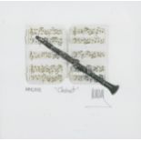 A modern print of a clarinet and sheet music, 'Clarinet', MMLXXII, 12 by 12cm, mounted, glazed and