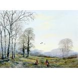John Caesar Smith (British, 1930-2021): an English country scene with pheasants and woodland, oil on