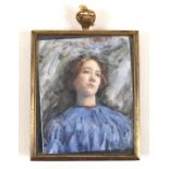 British School (early 20th century): a portrait miniature, depicting a girl wearing a blue dress,