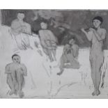 Patrick Procktor (British, 1936-2003): a monochrome etching, depicting four nude figures sitting