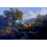 Continental School (late 19th century): idyllic mountainous landscape with figures oil on canvas,