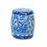 A small Chinese porcelain garden stool, 20th century, underglaze blue decoration with birds,