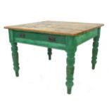 A 19th century pine kitchen table, with single drawer, raised on green painted legs, a/f poor