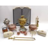 A collection of brass and copper wares, including two hot water urns, a Royal Doulton stoneware
