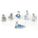 A group of six Lladro figurines, comprising 'All aboard', 7619), 13cm high, 'School Days', 7604,