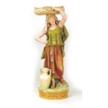 A large Royal dux figurine of a female water carrier, holding a basket aloft, with applied maker's