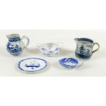 A group of 18th century porcelain and china, all decorated in underglaze blue or blue transfer,