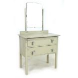 A vintage shabby chic cream painted dressing table, with swing mirror and two drawers below, 77 by