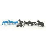 A group of seven Chinese bronze horses together with three turquoise glaze horses, in a variety of