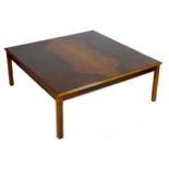 A modern large coffee table, with square top and square section legs, veneered in burr walnut and
