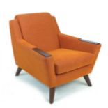 A retro style G-Plan armchair, 'The Fifty Five', upholstered in orange fabric with exposed