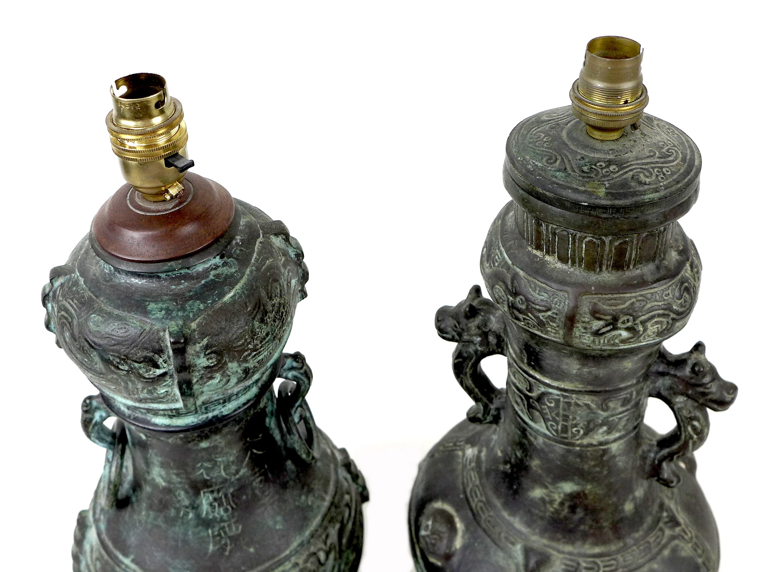 Two 20th century Oriental style bronzed metal table lamps, both of baluster form raised upon - Image 9 of 12