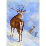 M. Woodhouse (British, 20th century): a painted porcelain plaque, depicting a bellowing stag and two