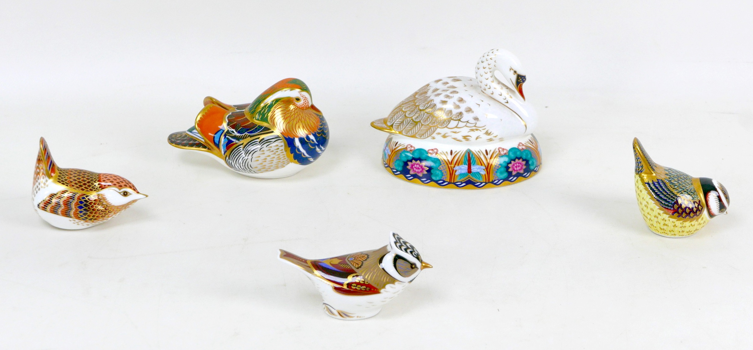 Five Royal Crown Derby paperweights, modelled as a Mandarin Duck, 7cm high, Crested Tit, 5.5cm high, - Image 2 of 10
