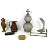 A collection of 19th century and later collectables, including a French double gourd seltzer bottle,